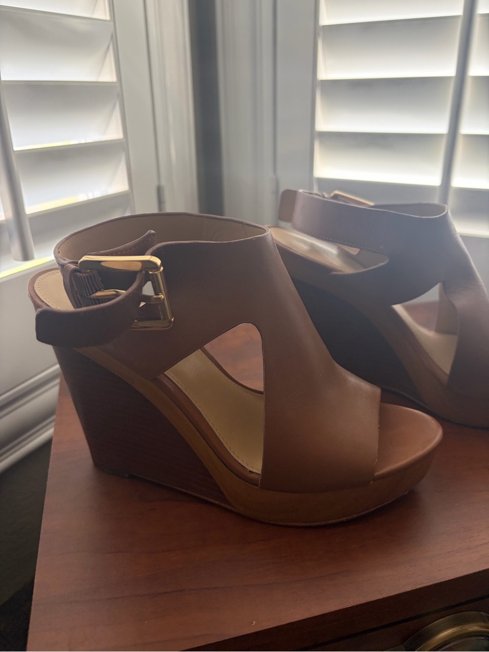 Michael Kors Brown Leather Wedge Sandals with Gold Buckle